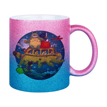 Totoro Catbus, Κούπα Χρυσή/Μπλε Glitter, κεραμική, 330ml