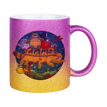 Totoro Catbus, Κούπα Χρυσή/Ροζ Glitter, κεραμική, 330ml