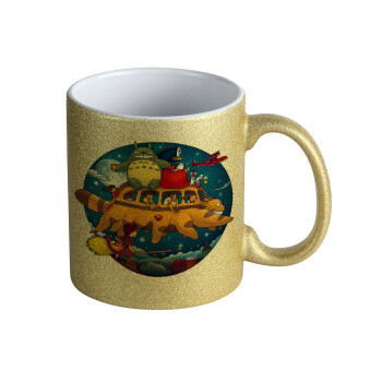 Totoro Catbus, Κούπα Χρυσή Glitter που γυαλίζει, κεραμική, 330ml