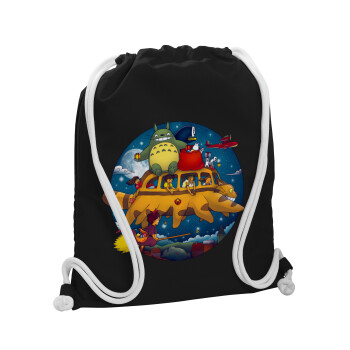 Totoro Catbus, Τσάντα πλάτης πουγκί GYMBAG Μαύρη, με τσέπη (40x48cm) & χονδρά λευκά κορδόνια