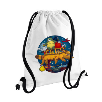 Totoro Catbus, Backpack pouch GYMBAG white, with pocket (40x48cm) & thick cords