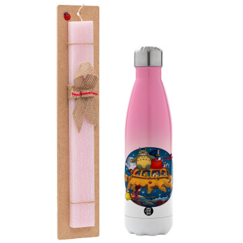 Totoro Catbus, Πασχαλινή Λαμπάδα με Μεταλλικό παγούρι θερμός Ροζ/Λευκό (Stainless steel), διπλού τοιχώματος, 500ml & κερί αρωματικό πλακέ (30cm) (ΡΟΖ)