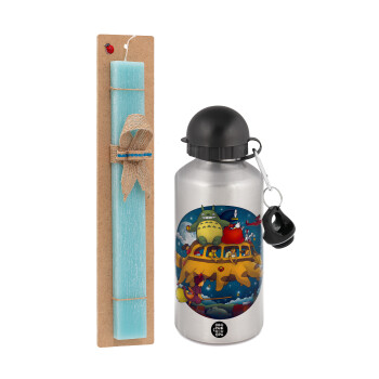 Totoro Catbus, Πασχαλινή Λαμπάδα με παγούρι μεταλλικό Ασημένιο αλουμινίου (500ml) & κερί αρωματικό πλακέ (30cm) (ΤΙΡΚΟΥΑΖ)