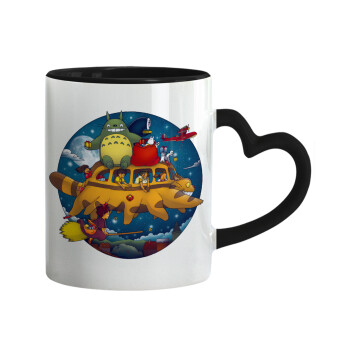 Totoro Catbus, Κούπα καρδιά χερούλι μαύρη, κεραμική, 330ml