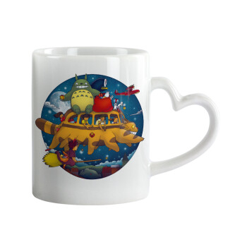 Totoro Catbus, Κούπα καρδιά χερούλι λευκή, κεραμική, 330ml