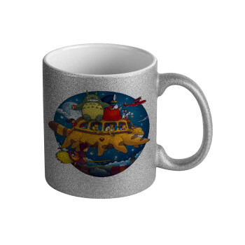 Totoro Catbus, Κούπα Ασημένια Glitter που γυαλίζει, κεραμική, 330ml