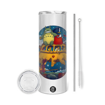 Totoro Catbus, Tumbler ποτήρι θερμό από ανοξείδωτο ατσάλι 600ml, με μεταλλικό καλαμάκι & βούρτσα καθαρισμού