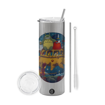 Totoro Catbus, Tumbler ποτήρι θερμό Ασημένιο από ανοξείδωτο ατσάλι 600ml, με μεταλλικό καλαμάκι & βούρτσα καθαρισμού