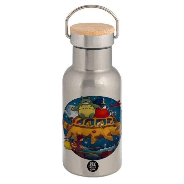 Totoro Catbus — Stainless steel metallic thermos flask, silver with a bamboo lid, double-walled, 350ml.
