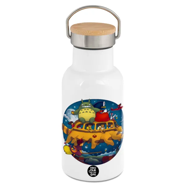 Totoro Catbus — Metallic thermos (Stainless steel) White with wooden lid (bamboo), double-walled, 350ml