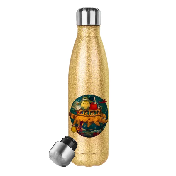 Totoro Catbus — Glitter gold stainless steel thermos bottle, double-walled, 500ml