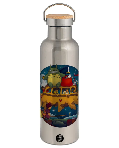 Totoro Catbus — Μεταλλικό παγούρι θερμός (Stainless steel) Ασημένιο με ξύλινο καπακι (bamboo), διπλού τοιχώματος, 750ml