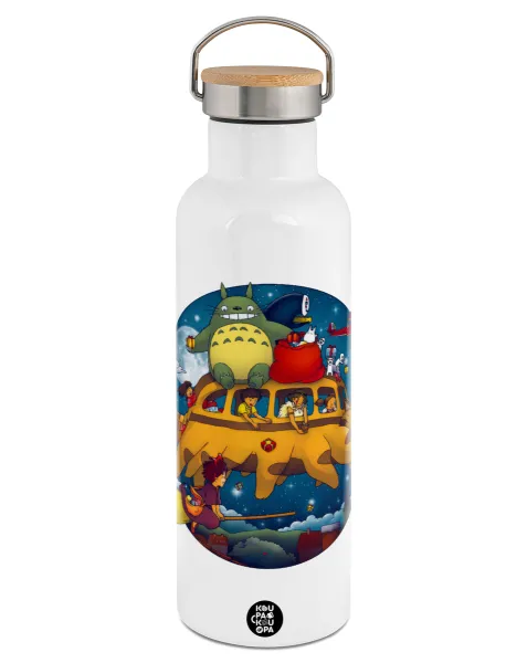 Totoro Catbus — Stainless steel White with wooden lid (bamboo), double wall, 750ml