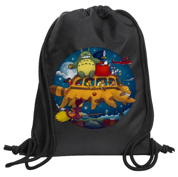 Totoro Catbus — Τσάντα πλάτης πουγκί GYMBAG Μαύρη, με τσέπη (40x48cm) & χονδρά κορδόνια