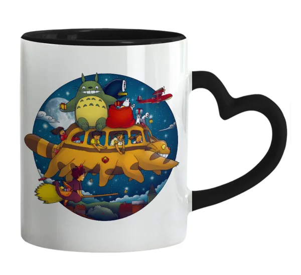 Totoro Catbus — Κούπα καρδιά χερούλι μαύρη, κεραμική, 330ml