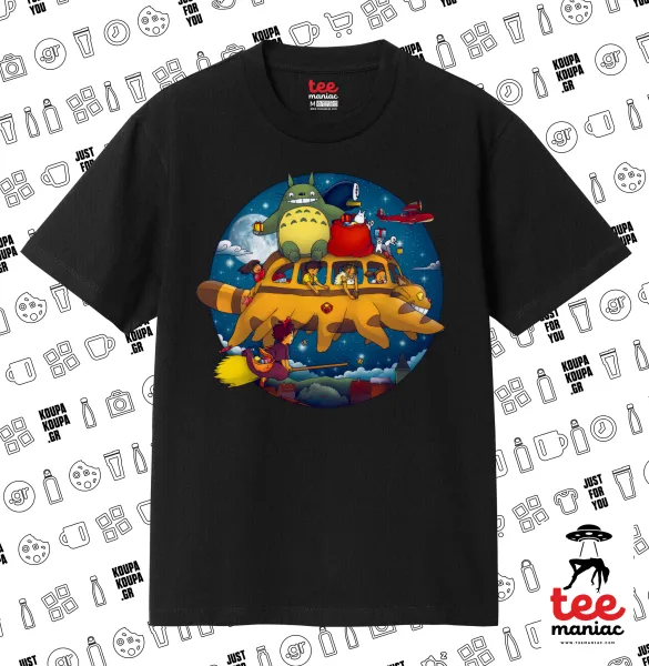 Totoro Catbus — ΜΑΥΡΟ Κλασικό T-Shirt, διπλής ραφής, χωρίς πλευρικές ραφές από 100% βαμβάκι. Vegan & OEKO-TEX πιστοποιημένο.