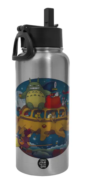 Totoro Catbus — Μεταλλικό παγούρι θερμός Silver με καλαμάκι και χερούλι (Stainless steel), διπλού τοιχώματος, 950ml