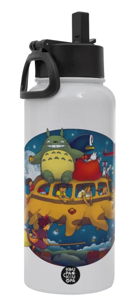 Totoro Catbus — Metal mug thermo White with Straw and Spout Lid (Stainless steel), double wall, 950ml