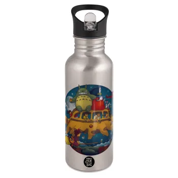 Totoro Catbus, Παγούρι νερού Ασημένιο με καλαμάκι, ανοξείδωτο ατσάλι 600ml