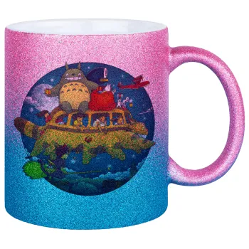 Totoro Catbus, Κούπα Χρυσή/Μπλε Glitter, κεραμική, 330ml