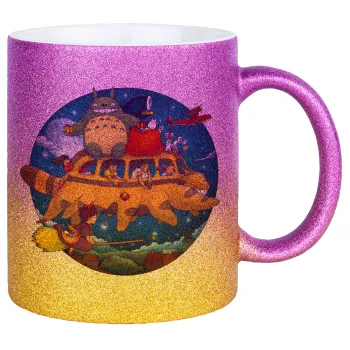 Totoro Catbus, Κούπα Χρυσή/Ροζ Glitter, κεραμική, 330ml