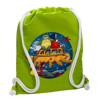 Totoro Catbus, Τσάντα πλάτης πουγκί GYMBAG LIME GREEN, με τσέπη (40x48cm) & χονδρά κορδόνια