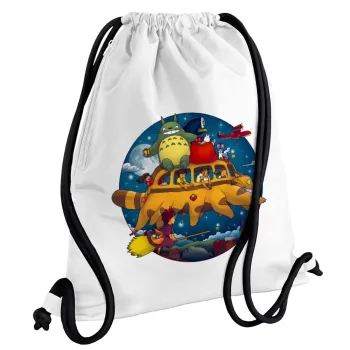 Totoro Catbus, Backpack pouch GYMBAG white, with pocket (40x48cm) & thick cords