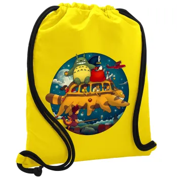 Totoro Catbus, Τσάντα πλάτης πουγκί GYMBAG Κίτρινη, με τσέπη (40x48cm) & χονδρά κορδόνια