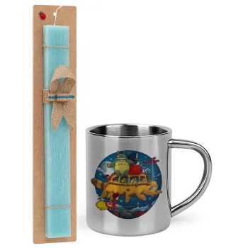 Totoro Catbus, Easter Set, metallic thermal cup (300ml) & aromatic flat Easter candle (30cm) (TURQUOISE)