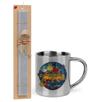 Totoro Catbus, Easter Set, metallic thermal cup (300ml) & Easter aromatic flat candle (30cm) (GRAY)