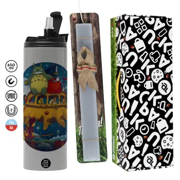 Totoro Catbus, Πασχαλινή Λαμπάδα με Travel Tumbler θερμό (600ml, BPA free) & κερί αρωματικό πλακέ (30cm) (ΓΚΡΙ)