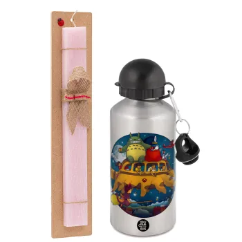 Totoro Catbus, Easter Set, metallic Silver aluminum water bottle (500ml) & scented flat Easter candle (30cm) (PINK)