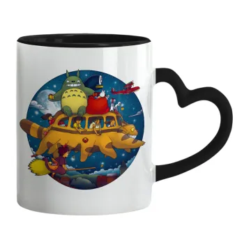 Totoro Catbus, Κούπα καρδιά χερούλι μαύρη, κεραμική, 330ml