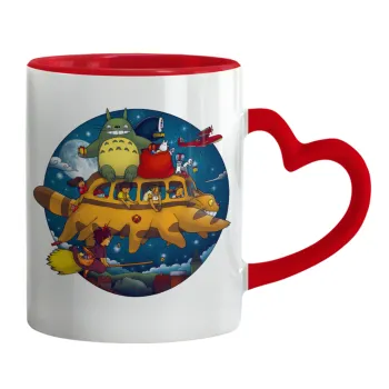 Totoro Catbus, Κούπα καρδιά χερούλι κόκκινη, κεραμική, 330ml