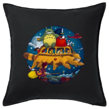 Totoro Catbus, Μαξιλάρι καναπέ Μαύρο 100% βαμβάκι, περιέχεται το γέμισμα (50x50cm)