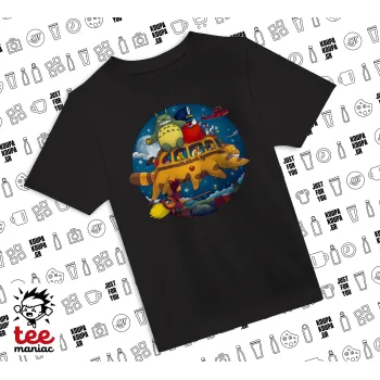 Totoro Catbus, Άνετο παιδικό T-Shirt ΜΑΥΡΟ από 100% βαμβάκι, για κάθε μέρα. Vegan & OEKO-TEX πιστοποιημένο.