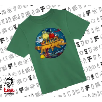 Totoro Catbus, Άνετο παιδικό T-Shirt ΠΡΑΣΙΝΟ από 100% βαμβάκι, για κάθε μέρα. Vegan & OEKO-TEX πιστοποιημένο.