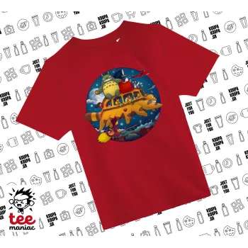 Totoro Catbus, Άνετο παιδικό T-Shirt ΚΟΚΚΙΝΟ από 100% βαμβάκι, για κάθε μέρα. Vegan & OEKO-TEX πιστοποιημένο.