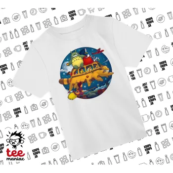 Totoro Catbus, Άνετο παιδικό T-Shirt ΛΕΥΚΟ από 100% βαμβάκι, για κάθε μέρα. Vegan & OEKO-TEX πιστοποιημένο.