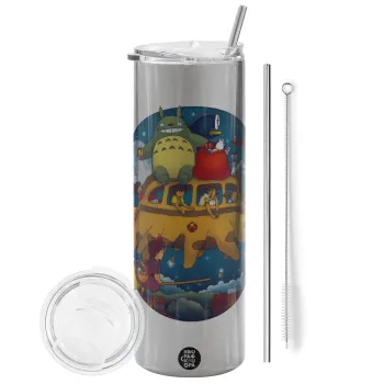 Totoro Catbus, Tumbler ποτήρι θερμό Ασημένιο από ανοξείδωτο ατσάλι 600ml, με μεταλλικό καλαμάκι & βούρτσα καθαρισμού