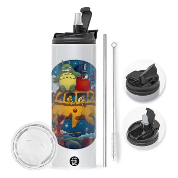 Totoro Catbus, Travel Tumbler θερμό με διπλό καπάκι, μεταλλικό καλαμάκι και βούρτσα καθαρισμού (Ανωξείδωτο 304 Food grade, BPA free, 600ml)
