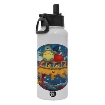 Totoro Catbus, Μεταλλικό παγούρι θερμός Λευκό με καλαμάκι και χερούλι (Stainless steel), διπλού τοιχώματος, 950ml