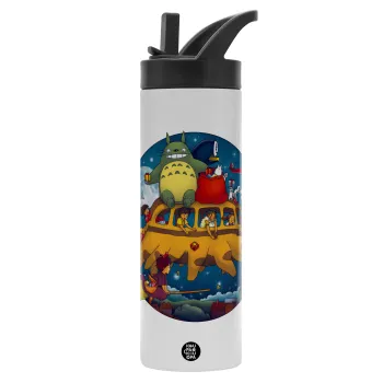 Totoro Catbus, Μεταλλικό παγούρι θερμός με καλαμάκι & χειρολαβή, ανοξείδωτο ατσάλι (Stainless steel 304), διπλού τοιχώματος, 600ml