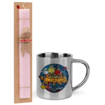 Totoro Catbus, Easter Set, metallic thermal cup (300ml) & aromatic flat Easter candle (30cm) (PINK)