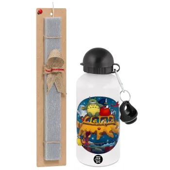 Totoro Catbus, Easter Set, metallic aluminum water bottle (500ml) & aromatic flat Easter candle (30cm) (GRAY)