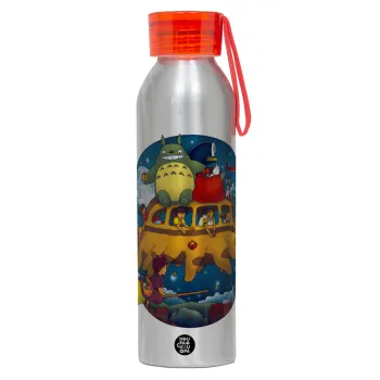 Totoro Catbus, Αλουμινένιο Αθλητικό Μπουκάλι 650ml – Ασημί με Κόκκινο Καπάκι και Λουράκι Σιλικόνης