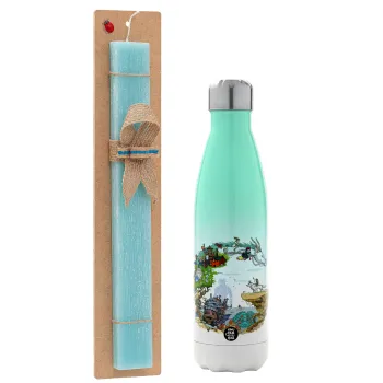 Στούδιο Γκίβλι, Easter Set, Metallic green/white thermos (Stainless steel), double-walled, 500ml & scented flat Easter candle (30cm) (TURQUOISE)