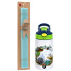 Easter Set, Children's thermal stainless steel bottle with safety straw, green/blue (350ml) & aromatic flat Easter candle (30cm) (TURQUOISE)