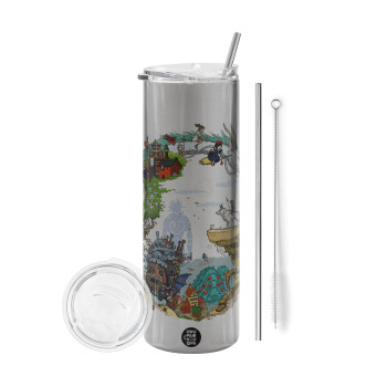 Στούδιο Γκίβλι, Tumbler ποτήρι θερμό Ασημένιο από ανοξείδωτο ατσάλι 600ml, με μεταλλικό καλαμάκι & βούρτσα καθαρισμού