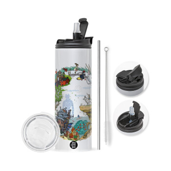 Στούδιο Γκίβλι, Travel Tumbler 2 Lids, with metal straw & cleaning brush (Stainless steel 304 Food grade, BPA free, 600ml)